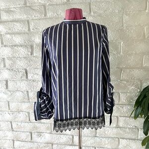 Zara Navy White Striped Blouse with Lace Trim